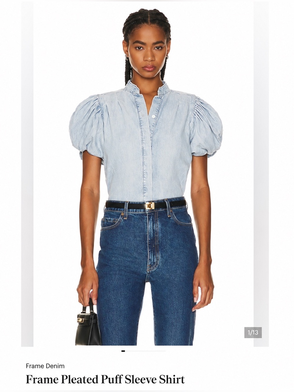 FRAME Pleated Puff Sleeve Denim Shirt | Light Wash | NWT | Size XS - Picture 1 of 6